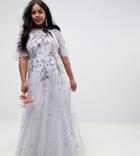 Asos Design Curve Bridesmaid Floral Embroidered Dobby Mesh Flutter Sleeve Maxi Dress - Gray