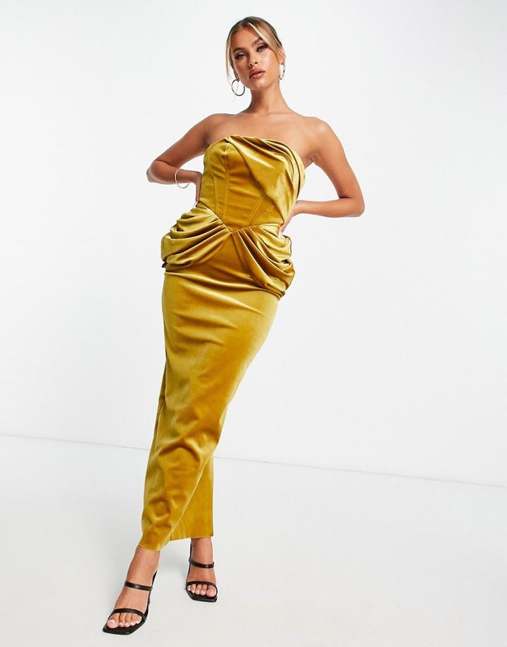 Asos Design Velvet Bandeau Drape Midaxi Dress In Gold