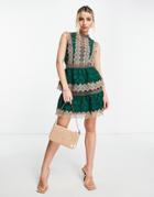 Asos Design Tiered Lace Mini Dress Writh Contrast Lace Trim Detail In Green-multi