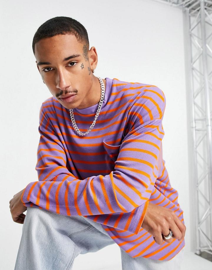 Asos Design Oversized Long Sleeve Stripe T-shirt In Orange & Purple Rib
