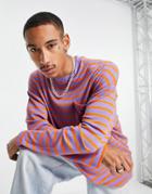 Asos Design Oversized Long Sleeve Stripe T-shirt In Orange & Purple Rib