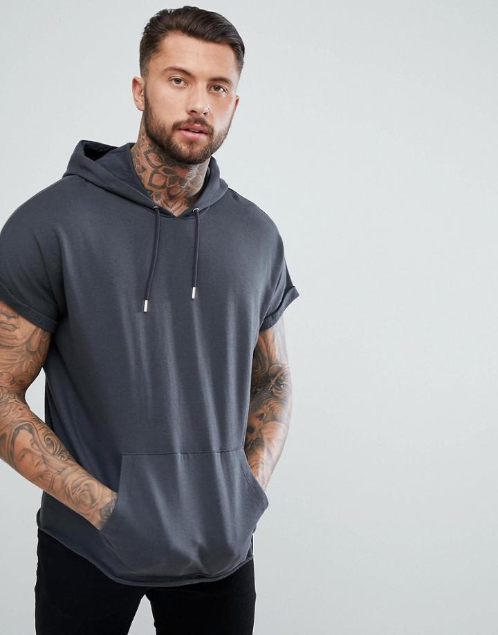 Asos Short Sleeve Oversized Hoodie In Washed Black - Black