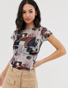 Asos Design Mesh Top In Photographic Floral Print With Cap Sleeve - Multi