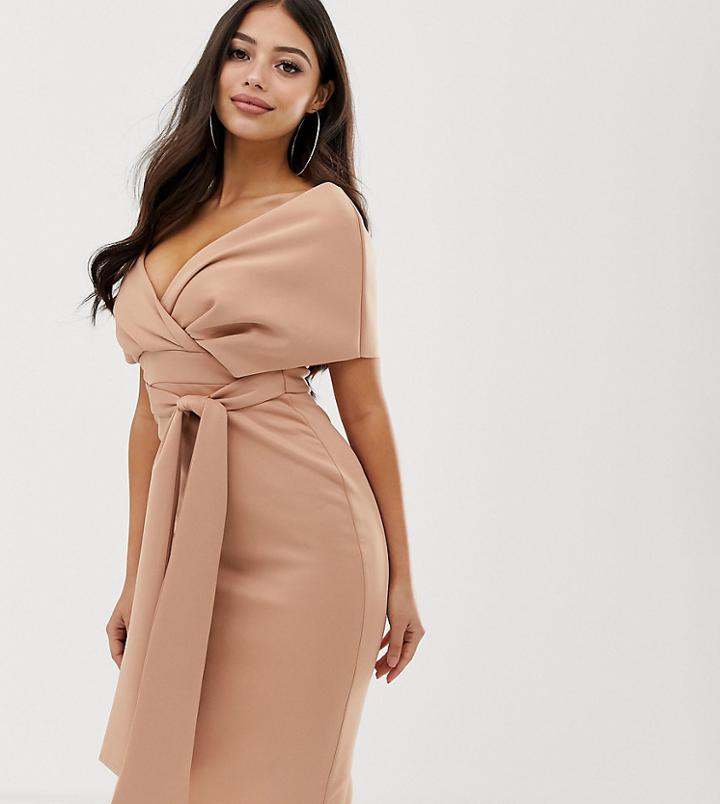 Asos Design Petite Fallen Shoulder Midi Pencil Dress With Tie Detail - Black