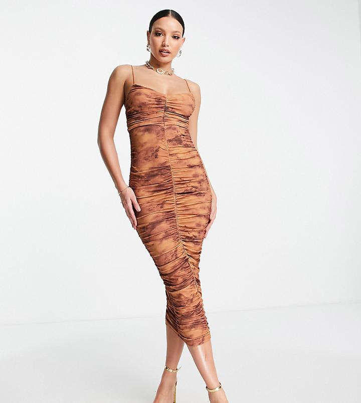 Asos Design Tall Cami Strap Midi Dress With Ruched Detail In Rust Tie Dye Print-multi