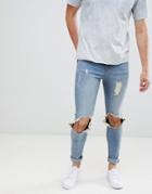 Hoxton Denim Muscle Fit Jeans With Busted Knees In Mid Wash - Blue