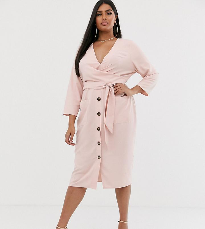 Asos Design Curve Button Through Tie Wrap Around Midi Dress - Pink