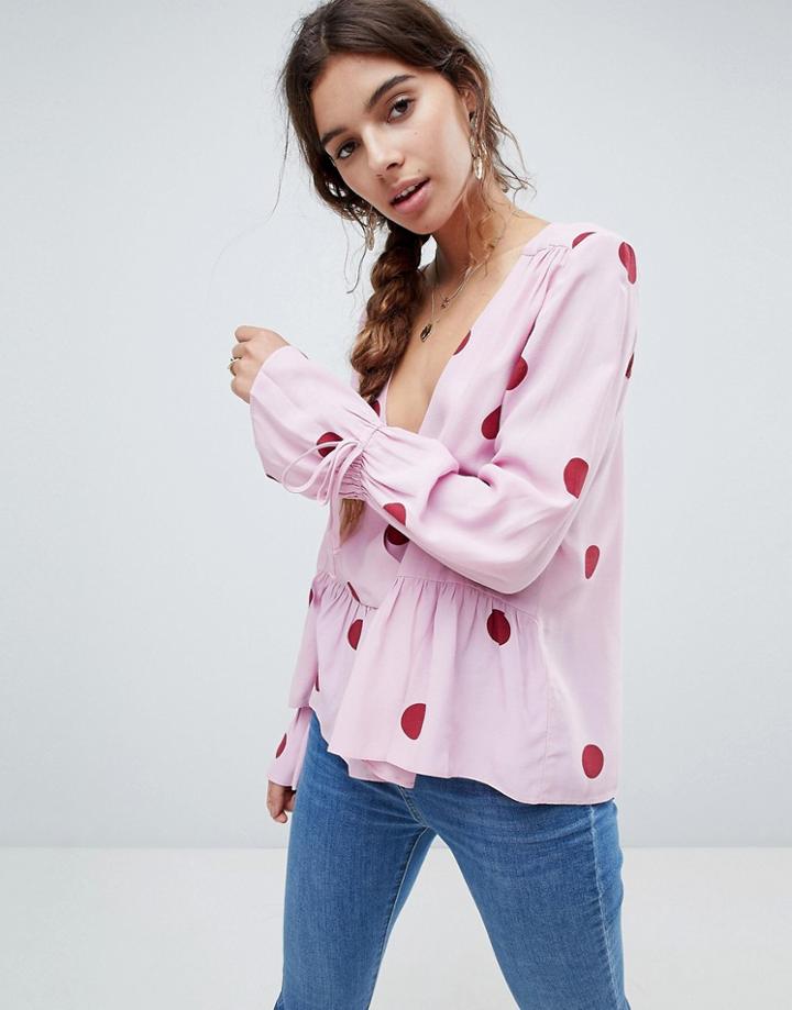 Asos Oversized Wrap Blouse With Dip Hem In Spot - Multi