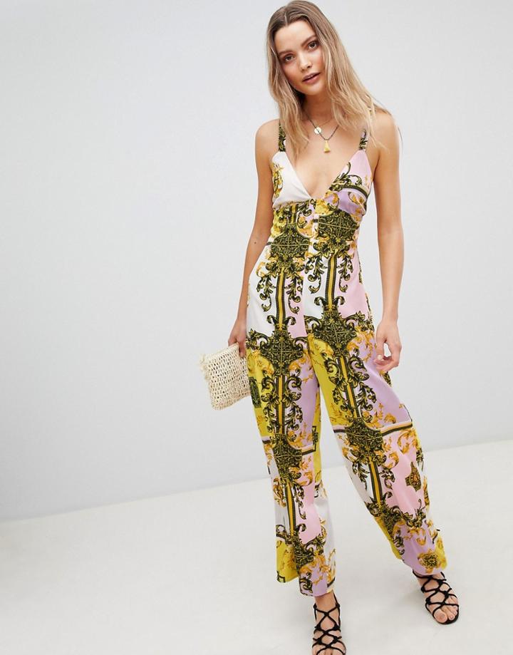 Asos Design Pastel Baroque Print Wide Leg Beach Jumpsuit - Multi