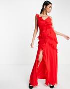 Asos Design Tiered Ruffle Detail Maxi Dress With Tie Back And Button Side