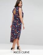 Asos Curve Maxi Tea Dress With Cut Out Back Detail In Grunge Floral Print - Multi
