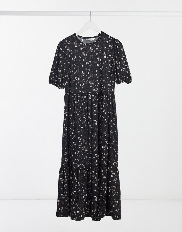 Stradivarius Long Dress With Frills In Black Floral