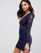Club L Contrast Lace Detailed Long Sleeve Dress - Blue