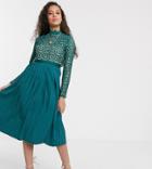 Little Mistress Petite Midi Length 3/4 Sleeve Lace Dress In Kingfisher-blue