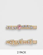 Asos Design Pack Of 2 Hair Clips With Crystal And Jewel Embellishment In Gold Tone - Gold