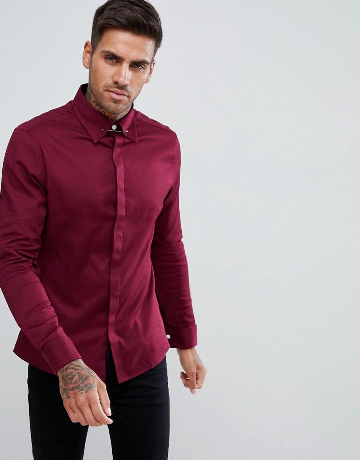 Asos Design Slim Twill Shirt With Collar Bar In Burgundy - Red