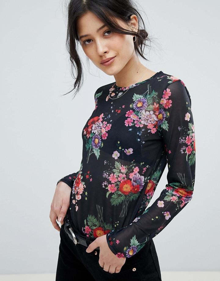 Ichi Floral Sheer Top - Black
