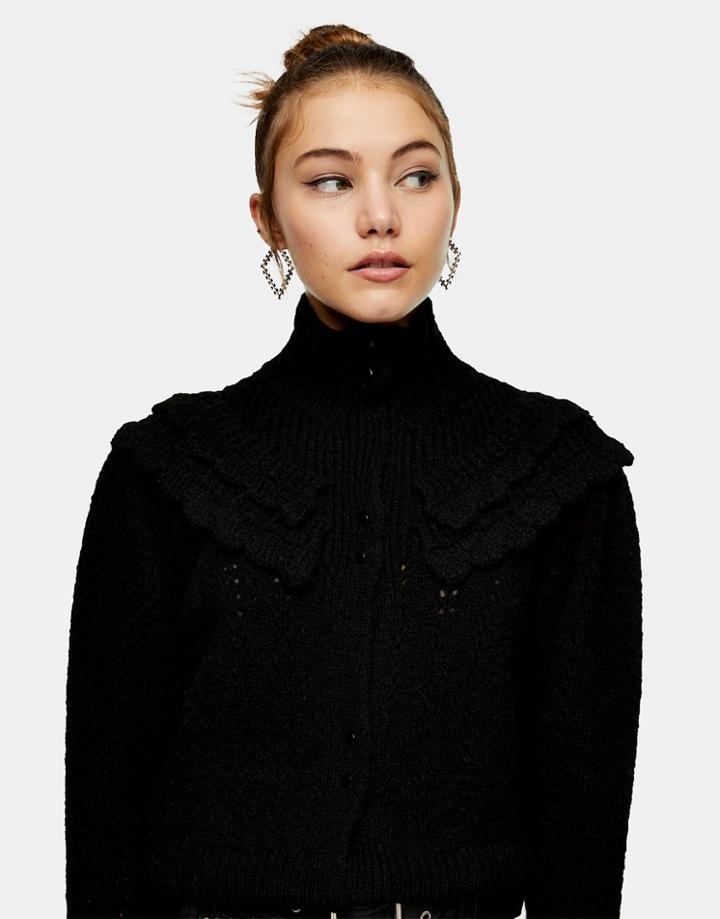 Topshop Ruffle Pointelle Cardigan In Black