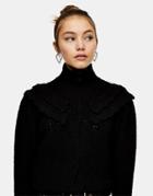 Topshop Ruffle Pointelle Cardigan In Black