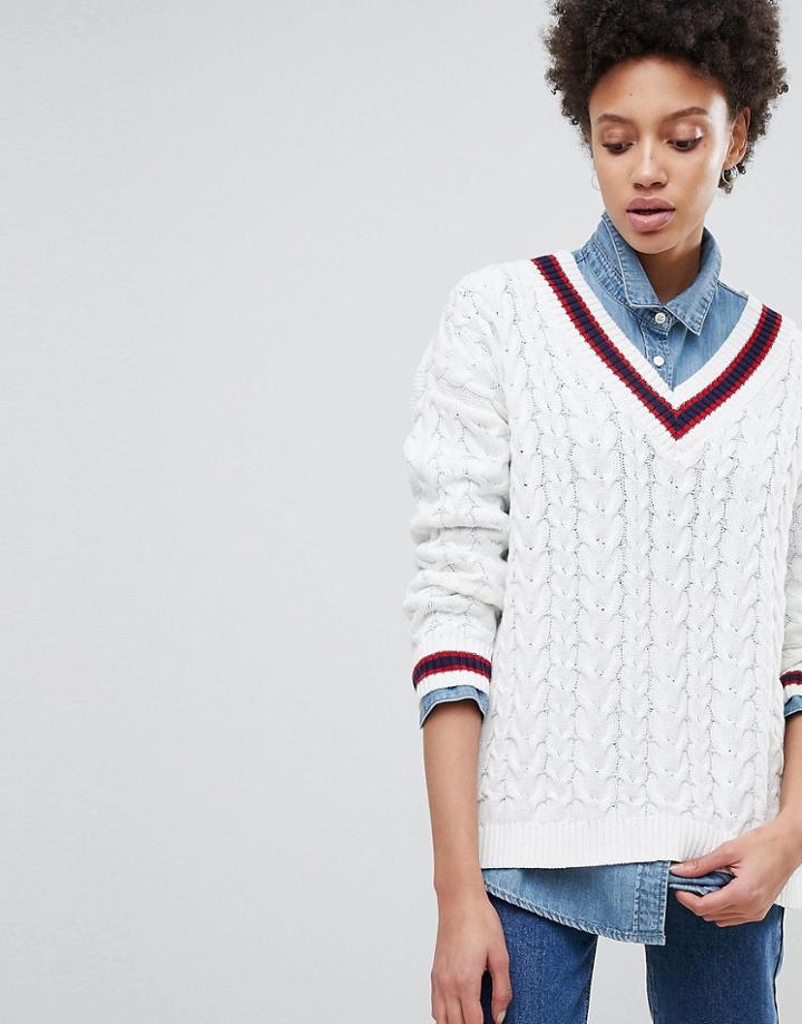 Stradivarius Chunky Cable Knit Varsity Sweater - White
