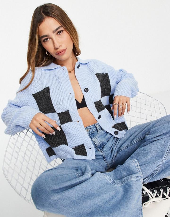 Mango Button Front Cardigan With Check Print In Blue-blues