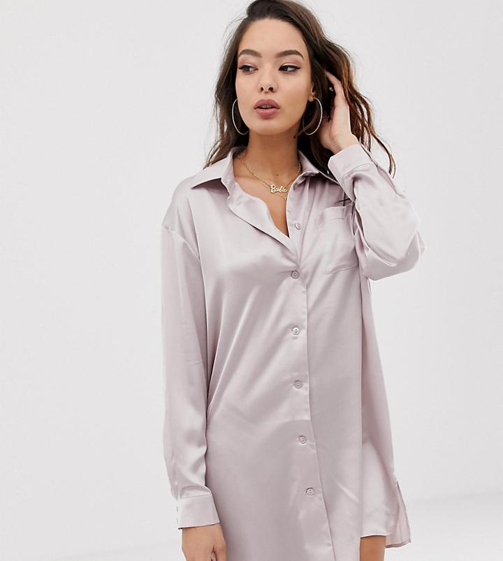 Asos Design Satin Boyfriend Shirt Dress - Gray