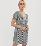 Asos Design Petite Mini V Neck Button Through Smock Dress In Stripe-multi