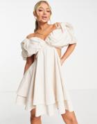 Asos Luxe Bubble Bardot Mini Dress In Stone-neutral