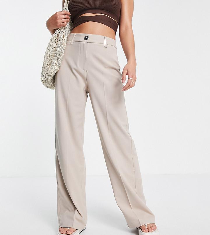 Bershka Petite Wide Leg Slouchy Dad Tailored Pants In Mushroom-neutral