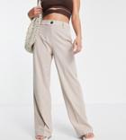Bershka Petite Wide Leg Slouchy Dad Tailored Pants In Mushroom-neutral