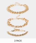 Asos Design Pack Of 3 Mixed Texture Chain Bracelets In Gold Tone