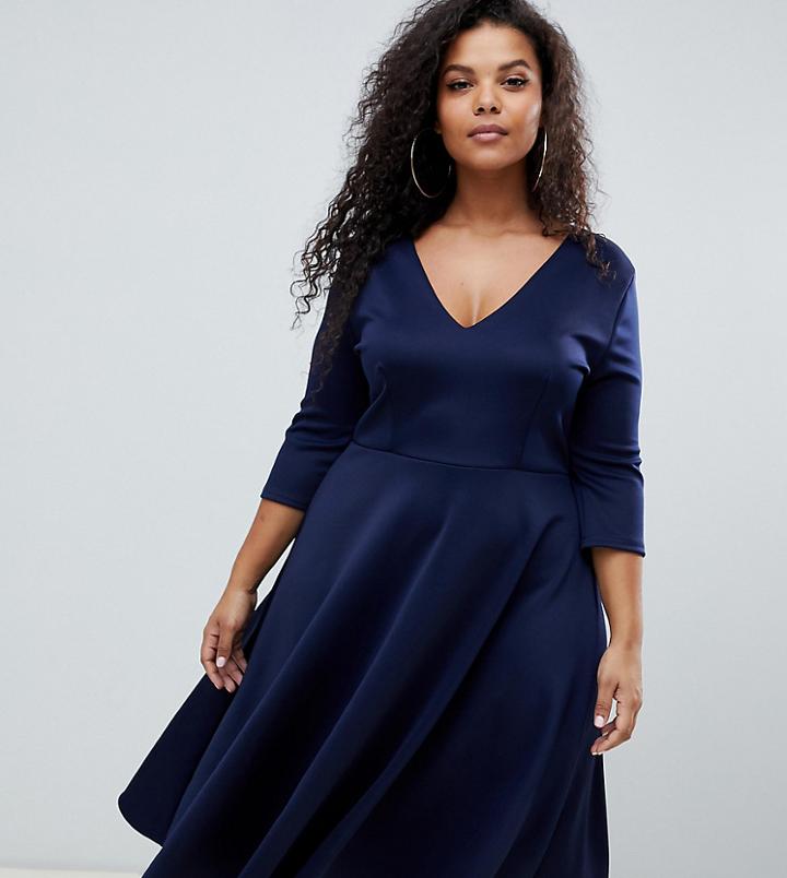 Club L Plus Kick Flare V Plunge Midi Dress - Navy