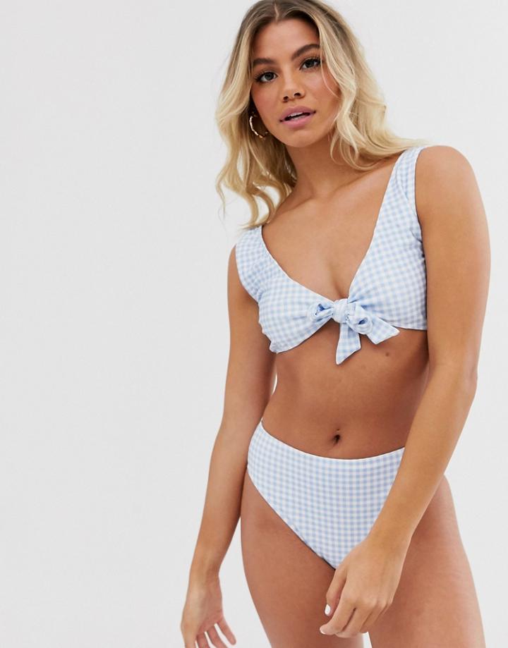 In The Style X Dani Dyer Tie Front Bikini Top In Blue Gingham Print - Blue