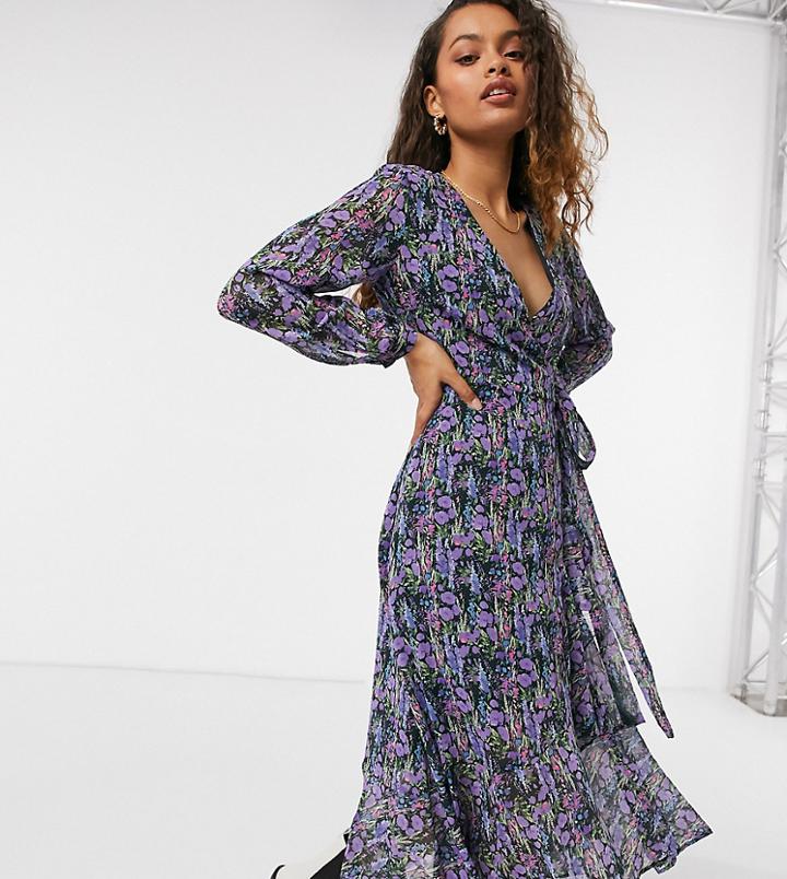 Y.a.s Petite Midi Wrap Dress With Frill Hem In Dark Floral-multi