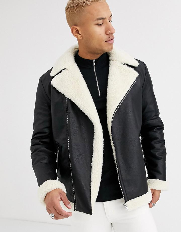 Asos Design Oversized Belted Biker Jacket In Black Faux Leather