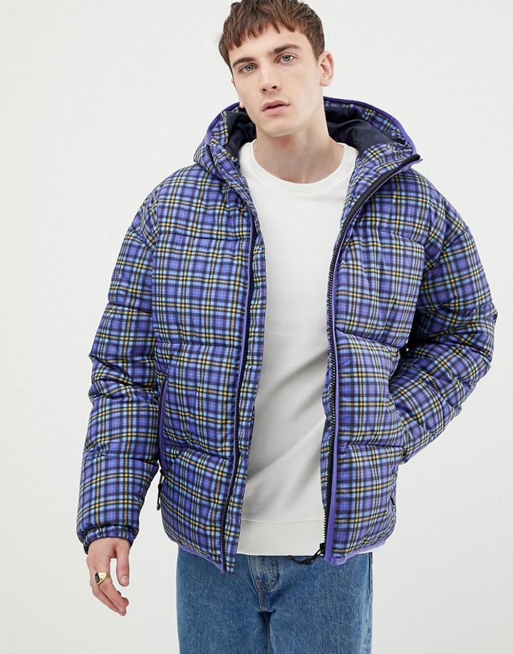 Asos Design Puffer Jacket In Blue Check - Blue