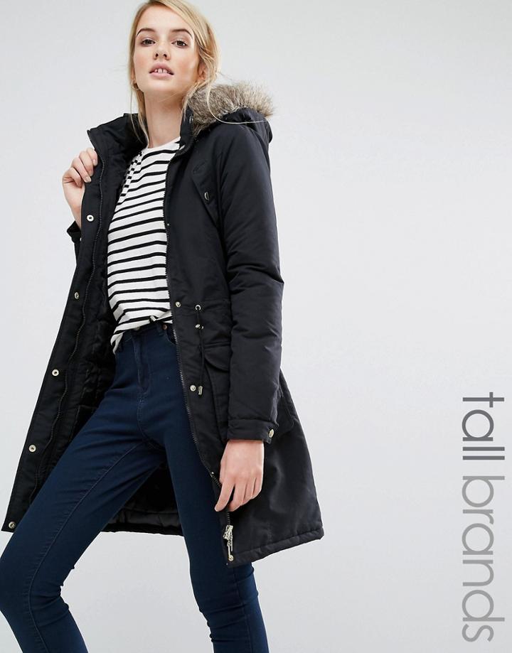 Brave Soul Tall Parka With Faux Fur Trim - Black