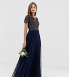 Maya Bridesmaid V-neck Maxi Tulle Dress With Tonal Delicate Sequins In Navy