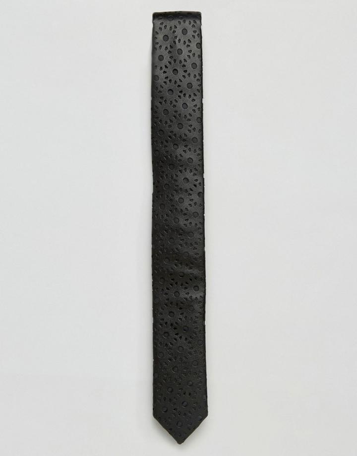 Asos Slim Tie In Faux Embossed Leather - Black