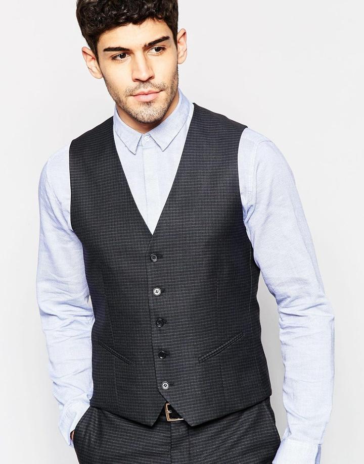 Selected Homme Stretch Skinny Check Vest - Black