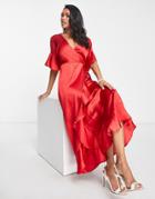 Ax Paris Satin Wrap Dress In Red