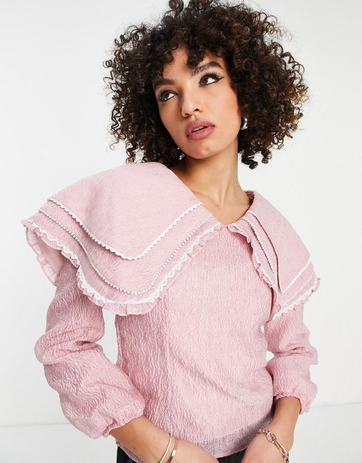 Sister Jane Pink Floral Jacquard Blouse With Oversized Collar