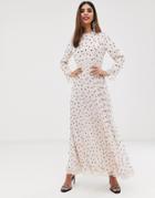 Asos Design Pleated Maxi Dress With Lace Inserts In Polka Dot-multi