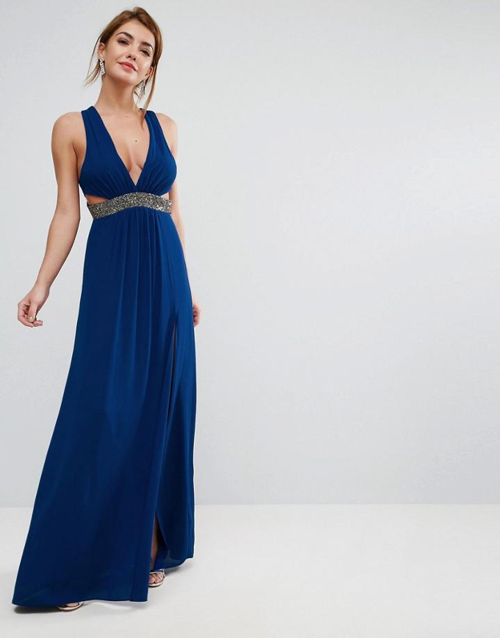 Asos Embellished Waist Strap Back Maxi Dress - Blue