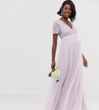 Maya Maternity Bridesmaid V Neck Maxi Tulle Dress With Tonal Delicate Sequin In Soft Lilac-purple