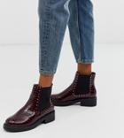 London Rebel Wide Fit Chunky Flat Chelsea Boots In Burgundy Croc-red