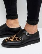 Asos Monk Shoes In Black Leather With Leopard Panel - Black