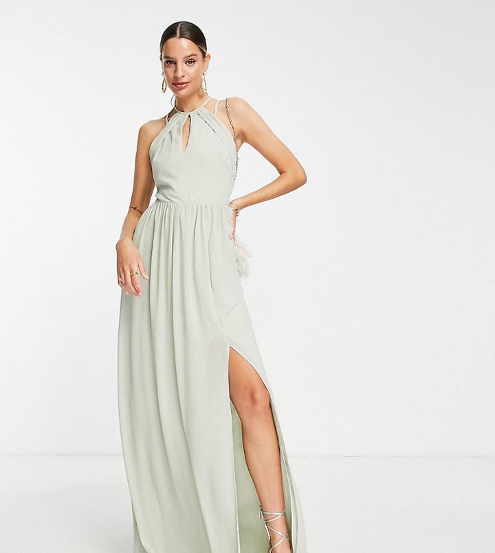 Tfnc Tall Bridesmaid Strappy Back Halter Neck Dress In Sage Green