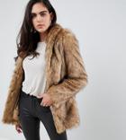 Asos Design Tall Stand Collar Faux Fur Coat - Brown