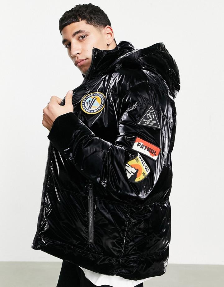 Guess Shiny Puffer Jacket In Black With Badge Logo
